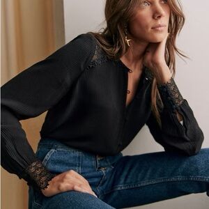 Sezane Clem Black Blouse with Lace Details, Size 6 (38FR) EUC